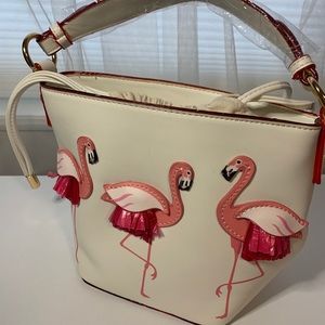 Leather Flamingo Bucket Purse— Creme/white color